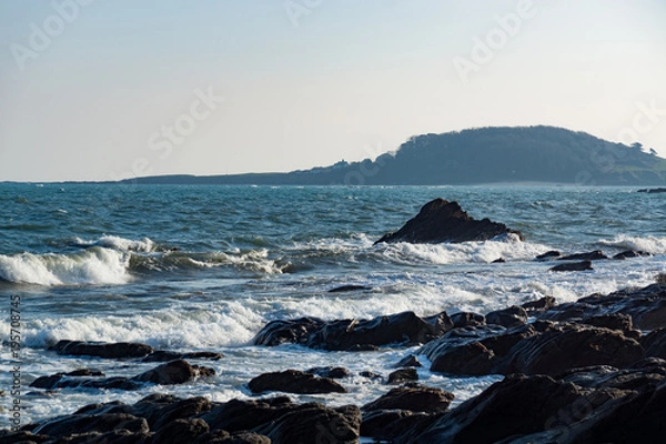 Fototapeta A view of the waterfront of Looe in Cornwall, UK. In the sitance St. Georges Island can be seen