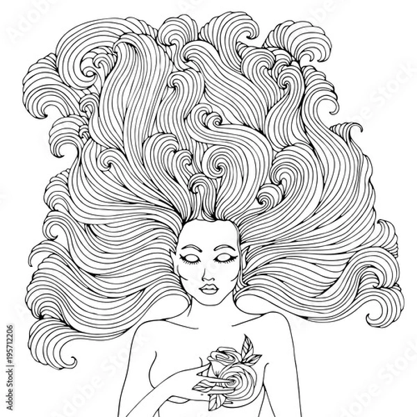 Fototapeta Vector hand drawn portrait of the forest fairies with pointed ears. Mystical Fairy with wavy hair developing presses his hand to his chest rose. Magic character from fairy tales. Coloring page.