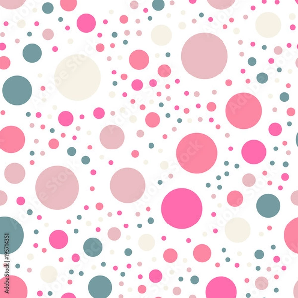 Fototapeta Colorful polka dots seamless pattern on white 8 background. Unusual classic colorful polka dots textile pattern. Seamless scattered confetti fall chaotic decor. Abstract vector illustration.