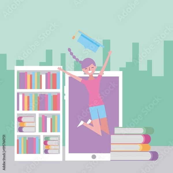 Fototapeta happy young woman jumping with mobile and books in city vector illustration