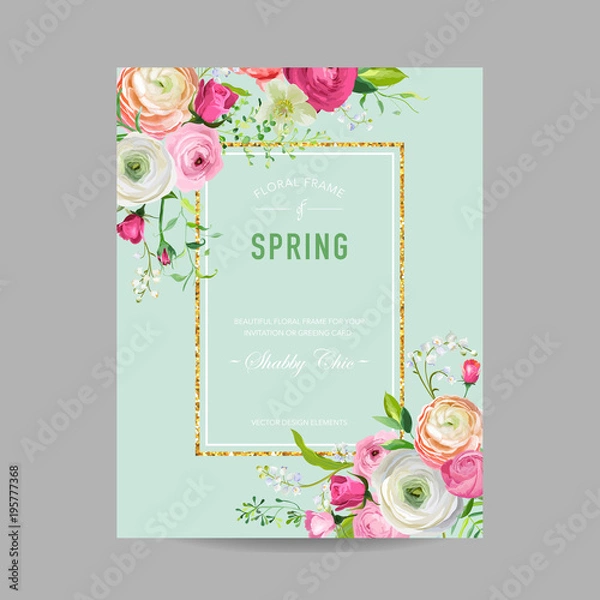 Fototapeta Floral Spring Design Template with Golden Frame for Wedding Invitation, Greeting Card, Sale Banner, Poster, Placard, Cover. Spingtime Background with Pink Flowers. Vector illustration