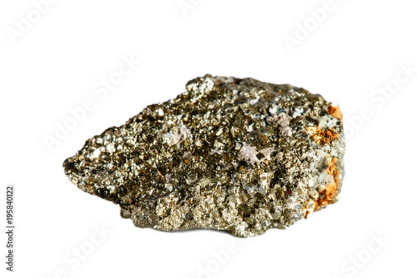 Fototapeta Macro shooting of natural gemstone. The raw mineral is arsenopyrite. Indonesia. Isolated object on a white background.