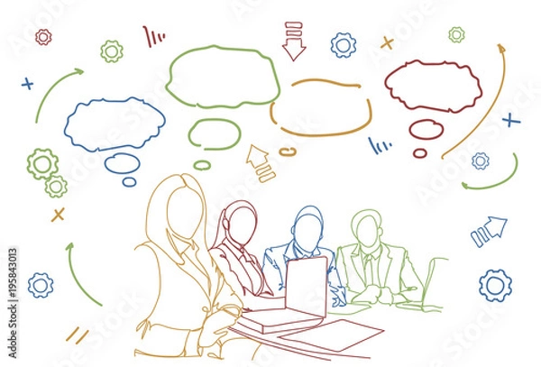 Fototapeta Business People Team Sit At Desk Together Communication Discussion Or Brainstorming Meeting Doodle Vector Illustration