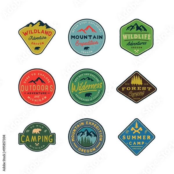 Fototapeta set of vintage wilderness logos. hand drawn retro styled outdoor adventure emblems. vector illustration