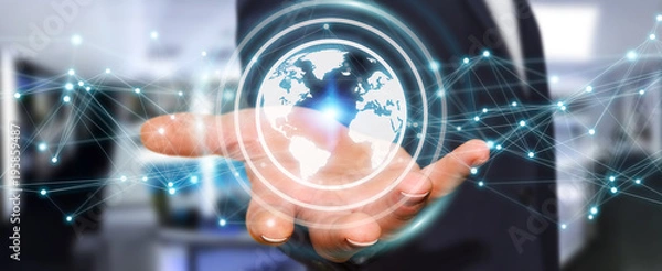 Fototapeta Businessman using planet earth network sphere 3D rendering