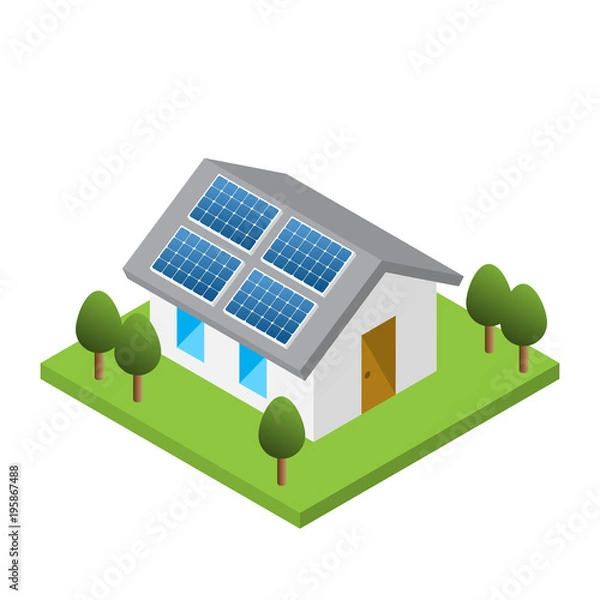 Obraz Simple isometric house with solar roof panels, isolated white background