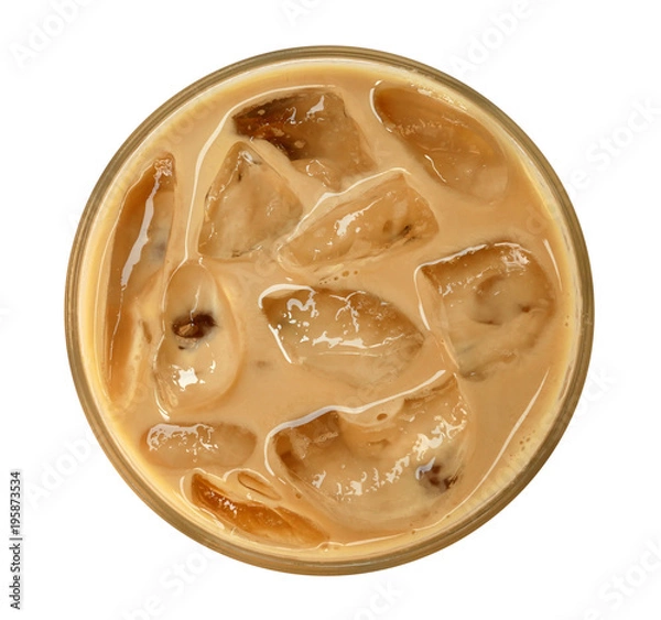 Obraz Widok z góry kawy latte cappuccino z lodem w szkle na białym tle na białym tle, zawiera ścieżkę przycinającą