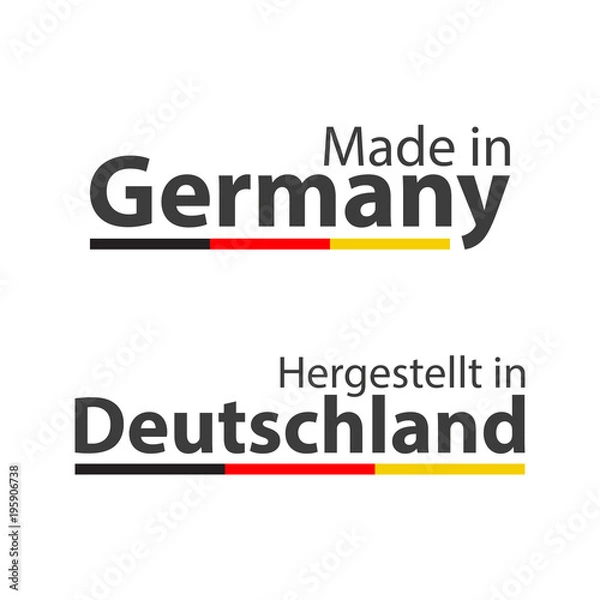 Fototapeta Dwa proste symbole wektorowe Made in Germany, w języku niemieckim - Hergestellt in Deutschland, znaki z niemieckim tricolor na białym tle