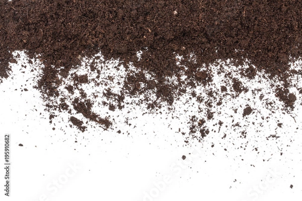 Obraz Pile heap of soil isolated on white background with copy space for your text. Top view