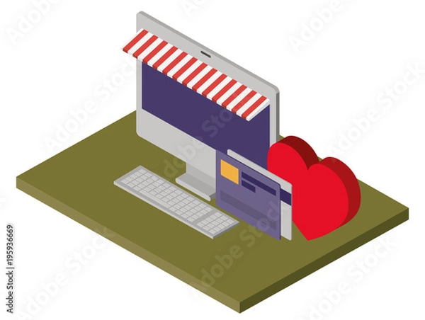 Fototapeta computer desktop with heart and credit card isometric icon vector illustration design