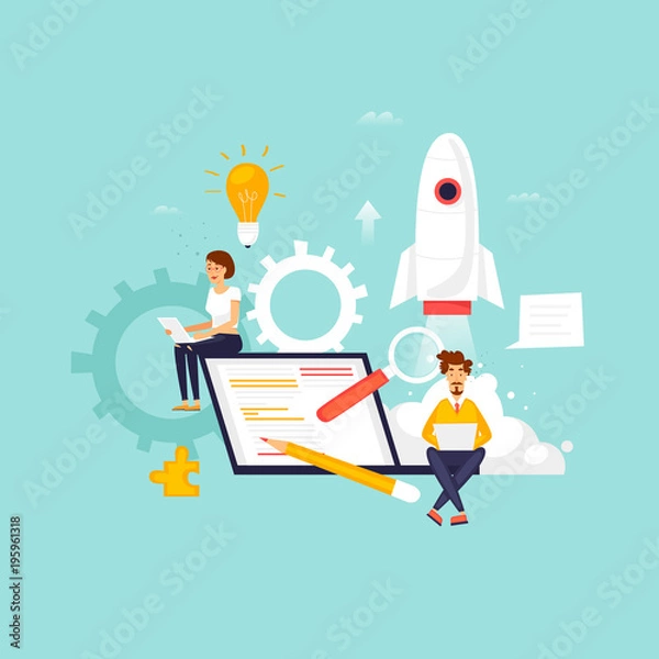 Fototapeta Startup, programmer, business project, idea, project management. Flat design vector illustration.