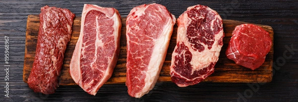 Obraz do sklepu mięsnego Różnorodne surowe steki z czarnego mięsa Angus Prime Maczeta, Ostrze z kością, Striploin, Żebro, Filet z polędwicy wołowej na desce