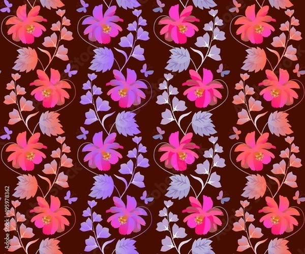 Obraz Cute seamless floral pattern with vertical wreath of cosmos and bell flowers in vector. Romantic print for silk scarf.