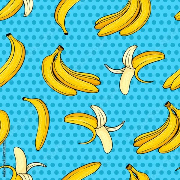 Obraz Różne ręcznie rysowane żółty banan na tle niebieskie kropki. Komiks wektor wzór w stylu retro pop-artu.