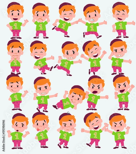 Fototapeta Cartoon character of a hipster boy. Set with different postures, attitudes and poses, doing different activities in isolated vector illustrations.