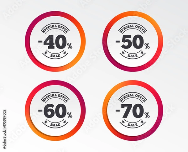 Fototapeta Sale discount icons. Special offer stamp price signs. 40, 50, 60 and 70 percent off reduction symbols. Infographic design buttons. Circle templates. Vector