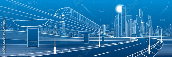 Obraz Kolej jednoszynowa i oświetlona autostrada. Transport miejski ilustracja. Skyline nowoczesne miasto w tle. Budynki biznesowe. Miasto nocą. Białe linie na niebieskim tle. Sztuka projektowania wektorowego
