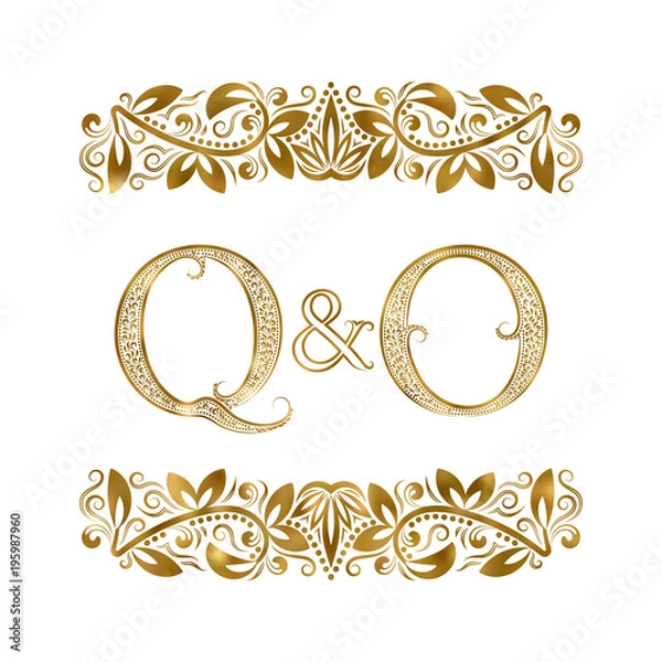 Fototapeta Q and O vintage initials logo symbol. The letters are surrounded by ornamental elements. Wedding or business partners monogram in royal style.