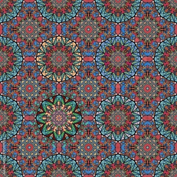 Fototapeta Seamless multicolor abstract pattern with stylized flower mandala in vector. Indian, arabic, damask motives. Ornamental print for fabric.