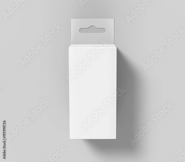 Fototapeta Hanging white blank cardboard packaging box with hang tab retail box for mock up design and design presentation. 3d render illustration.