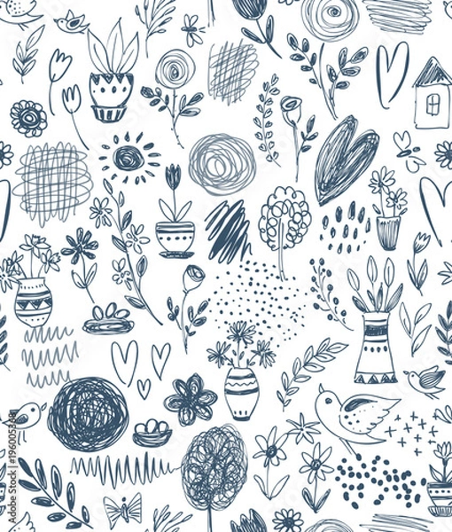 Obraz Seamless pattern with hand drawn floral nature motif and spring elements