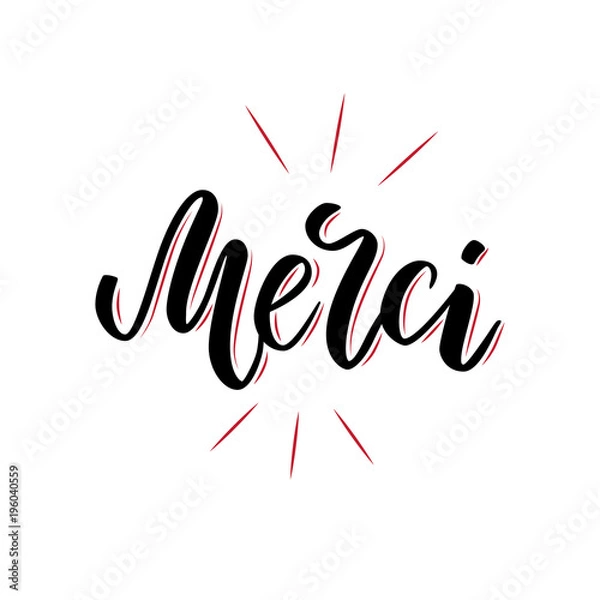 Obraz Vector calligraphy. Merci poster or card. Black Letters isolated on the White Background. Thanks in French handlettering. Modern brush lettering
