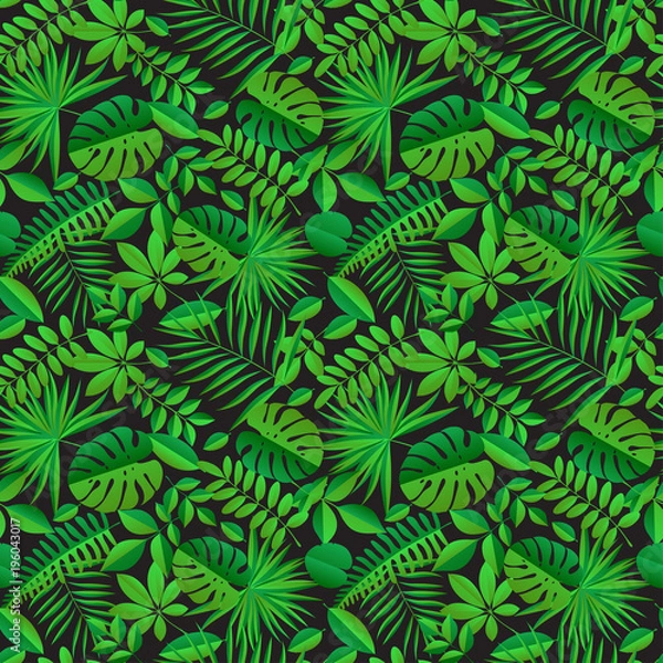 Fototapeta Paper palm, monstera leaves seamless pattern. Summer tropical leaf. Paper cut style. Origami exotic hawaiian jungle, summertime background