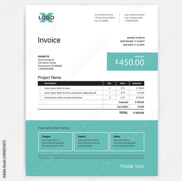 Fototapeta Invoice form design template - teal green and white color scheme