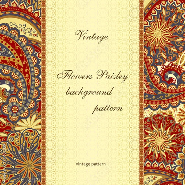 Fototapeta Abstract vintage pattern with decorative flowers, leaves and Paisley pattern in Oriental style.