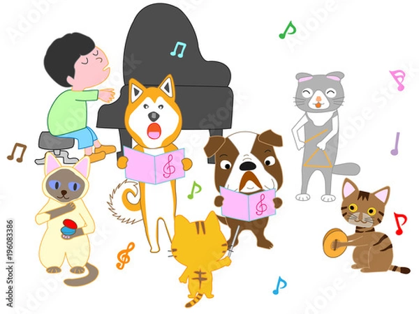 Fototapeta 犬と猫のコンサート。子供とペットが歌ったり、楽器を演奏したりしている。