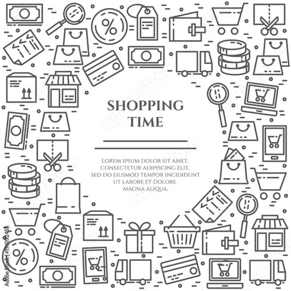 Fototapeta Shopping banner with line icons with editable stroke in form of rectangle with circle inside.