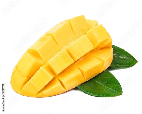Fototapeta mango sliced like dice wiht leaf isolated on a white background.