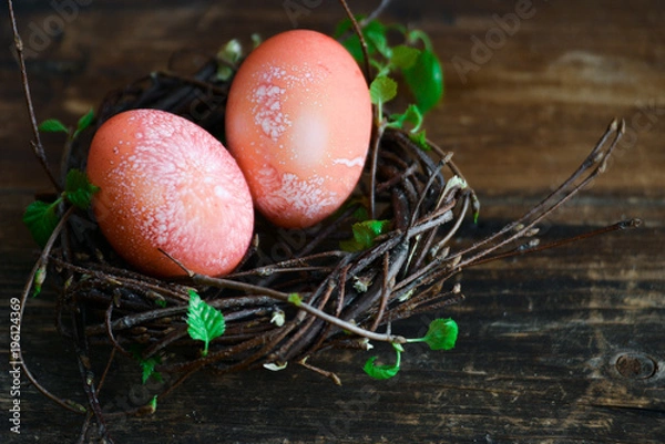 Obraz Easter decor, background: painted red eggs in a decorative nest with branches of greenery, the concept of the spring festival, the arrival of spring. The layout for your text.