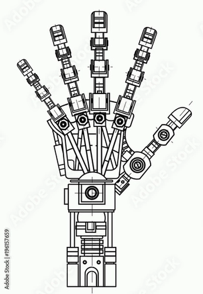 Obraz Robotic arm drawing model. It can be used as an illustration of robotics ideas, artificial intelligence, bionic prostheses, science, engineering development, high-tech.