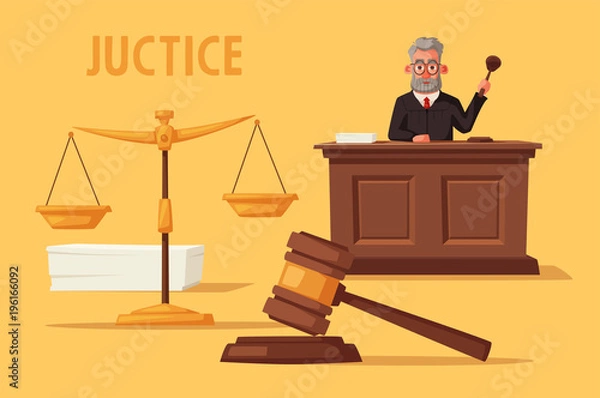Fototapeta Judge character with hammer. Cartoon vector illustration