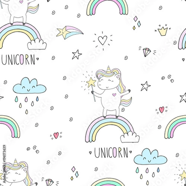 Fototapeta cute unicorn on a pink backgroun. vector pattern