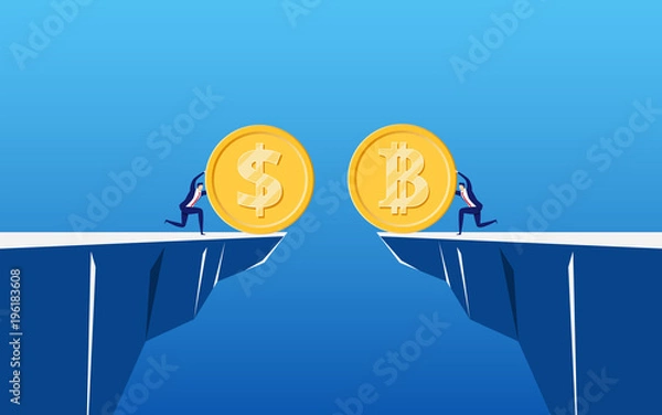 Fototapeta Concept of virtual business digital Bitcoin cryptocurrency. Business people holds golden Bitcoin and dollar coin to exchange on cliff.