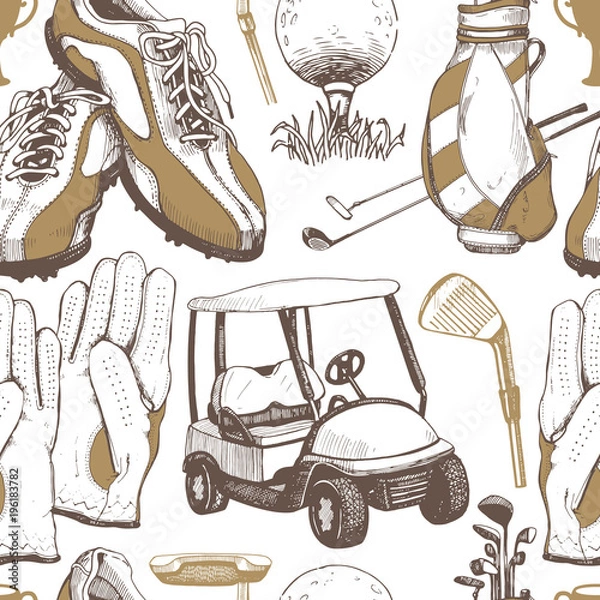 Fototapeta Seamless golf pattern with basket, shoes, car, putter, ball, gloves, bag. Vector set of hand-drawn sports equipment. Illustration in sketch style on white background.