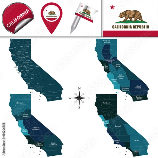 Obraz Mapa Kalifornii z regionami