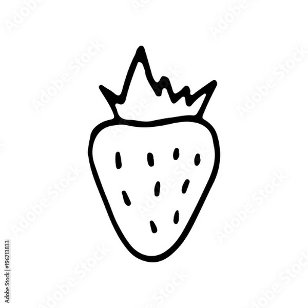 Fototapeta Linear cartoon hand drawn strawberry. Cute vector black and white doodle strawberry. Isolated monochrome strawberry silhouette on white background.