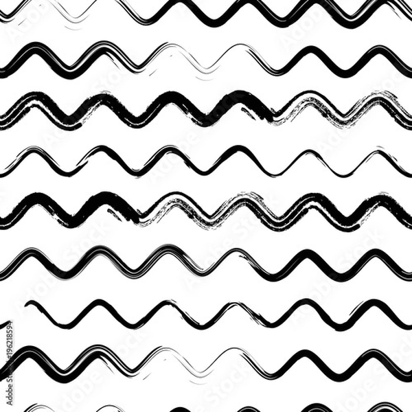 Fototapeta WAVE PARALLEL LINES. PAINTED BRUSH GRUNGE ART. SEAMLESS VECTOR PATTERN. MONOCHROME BACKGROUND