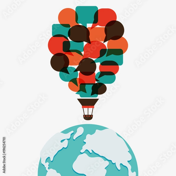 Obraz Hot air balloon made of speech bubbles over world map