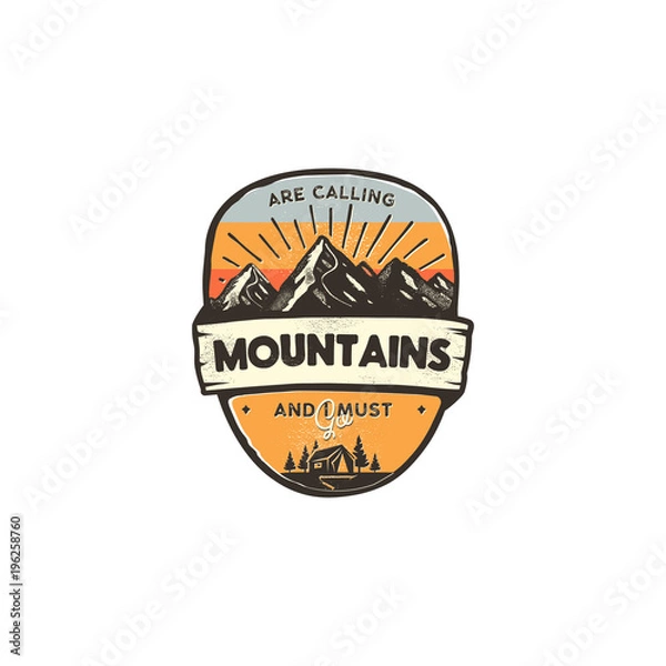 Fototapeta Travel logo design concept. Retro colors style. Mountain adventure badge, travel logo template. Camping patch, prints. Stock vector travel label isolated on white background