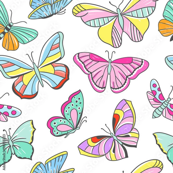 Fototapeta Seamless colorful pattern with butterflies. Flying butterflies beautiful background