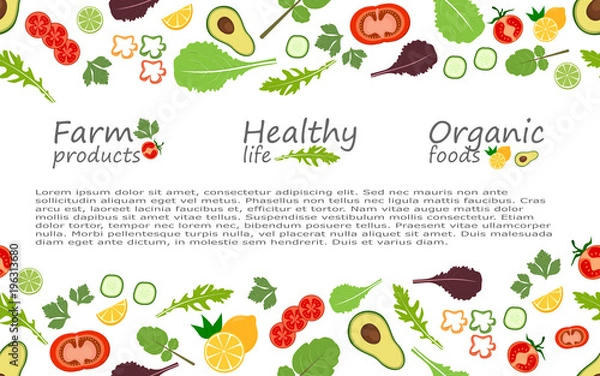 Fototapeta Seamless background pattern of organic farm fresh fruits and vegetables. Flat style design on transparent background.