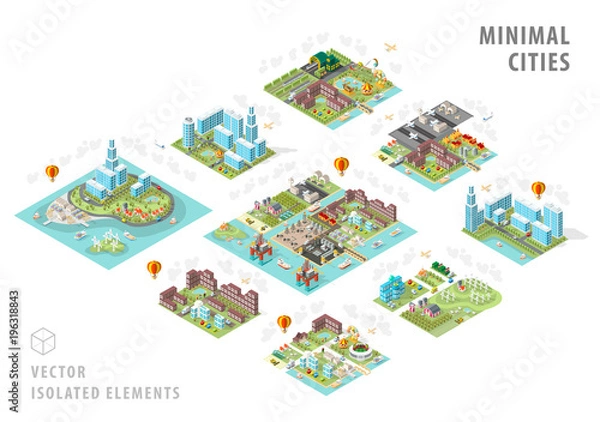 Fototapeta Set of Isolated Isometric Minimal City Maps . Elements with Shadows on White Background
