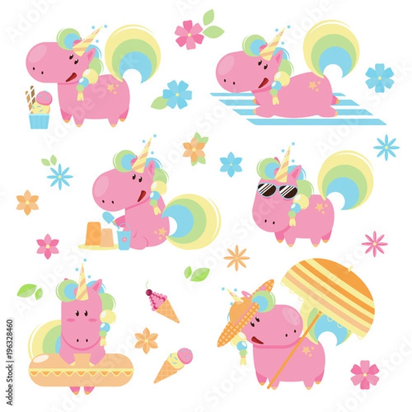 Fototapeta Set of cute and fun summer pink unicorn on a beach