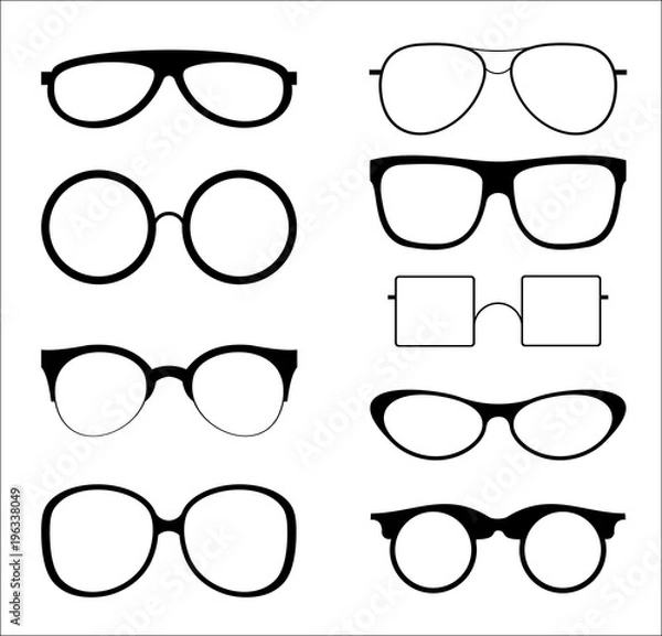 Fototapeta Vector illustration set of silhouettes sunglasses isolated on white color background. Glasses model icons in trendy and vintage, hipster shapes, different 80th and 90th style.