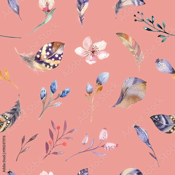 Fototapeta Boho seamless watercolor pattern of feathers and wild flowers, leaves, branches flowers, illustration, love and feathers, bohemian decoration spring blossom