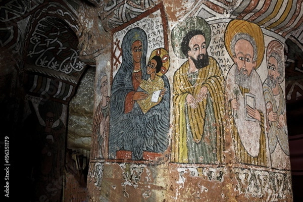 Fototapeta : iconographic scenes and wall murals of saints painted in naive african christian style in Abuna Yemata Guh church  